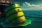 Barrel containing dangerous and radioactive material are discharged into the sea from a boat. Concept of environmental disaster.