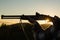 Barrel of a gun. Hunter with Rifle with Scope. Hunter with shotgun gun on hunt. Close up hunter hunting. Hunter man with