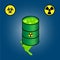 Barrel leaking toxic waste + icons of biohazard and radioactivity