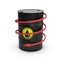 Barrel low price. A black barrel with oil and a downward spiral arrow. 3D illustration.