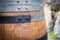 Barrel restoration, a man painting an old wine barrel. Half barrel for plants and garden