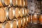 Barrel of wine in winery.