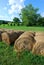 Barrels of hay in a green field