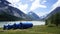 Barrels on a high mountain lake