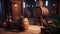 Barrels, hops, and brewing equipment in a rustic brewery