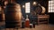 Barrels, hops, and brewing equipment in a rustic brewery