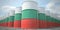 Barrels or oil drums with flag of Bulgaria. Petroleum or chemical industry related 3D rendering