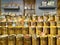 Barrels with spices on the counter of the store. A variety of Turkish cooking spices. Grocery and souvenir shop, Turkey, Fethia -