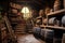 barrels stacked in rustic wine cellar