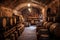barrels stacked in rustic wine cellar