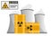 Barrels with waste with a nuclear reactor. Radioactive waste management. Warning Radioactive material. Industrial safety and