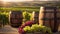 barrels wine, fresh grapes, against the backdrop of the vineyard gourmet luxury