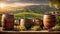 barrels wine, fresh grapes, against the backdrop of the vineyard plant luxury autumn