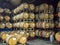 Barrels of wine in winery cellar