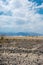 Barren desert sandy landscape of Death Valley National Park in California with sagebrush, rocks and the mesquite sand dunes