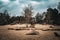 Barren tree in the sand in an open area surrounded by rocks and trees in Fontainebleau forest