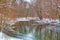 Barren trees line the banks of Michigan`s Huron River