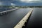 Barron Collier Bridge and Gilchrist Bridge in Florida with moving traffic. Transportation infrastructure in Charlotte