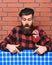 Bartender concept. Man in checkered shirt on brick wall background. Barman with long beard and mustache and stylish hair