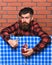 Bartender concept. Man in checkered shirt on brick wall background. Barman with long beard and mustache and stylish hair