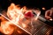 Bartender girl serving on fire alcoholic transparent cocktail with ice in the glass decorated with a pink rose bud