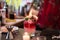 Bartender making Fresh tropical alcohol cocktails with fire on the bar counter.