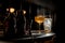 Bartender professionally spray on cold brown alcoholic drink on bar counter.