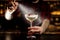 Bartender sprinkling bitter on the elegant cocktail glass