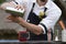 bartender workplace. bartender on the street catering bar preparing a coctail in a mason jar, selective focus. Concept