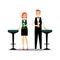 Bartenders couple with cocktails and bar chairs isolated on white background