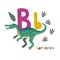 Baryonyx. Cute cartoon hand drawn illustration with dinosaur and B letter.