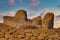 Basalt blocks and boulders on a sea dyke