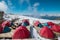 Base camp tents on the classic Mont Blanc Monte Blanco route from France side with a picturesque Apls landscape view. Active peo