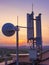 Base station with radio relay antenna on the background of a sunset over the city