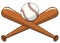 Baseball ball crossed wooden bats logo cartoon vector isolated