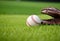 A baseball in a baseball glove on a grassy field