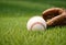 A baseball in a baseball glove on a grassy field