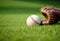 A baseball in a baseball glove on a grassy field