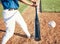 Baseball, bat and person hit a ball outdoor on a pitch for sports, performance and competition. Professional athlete or