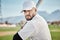 Baseball batter, portrait or face of man in a game competition, training match on stadium pitch. Softball exercise