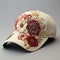 Baseball Cap isolated on grey background. Realistic baseball cap with an embroidered intricately detailed boho flowers in red and