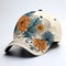 Baseball Cap isolated on white background. Realistic biege baseball cap with an applicated intricately detailed boho flowers in