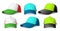 Baseball caps. Realistic uniform snapback. Corporate clothing. Sports headdress with visor. Head wear accessory