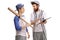 Baseball coach advising a teenage baseball player