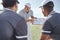 Baseball coaching, strategy or team planning on clipboard for match exercise, event training or game workout on field