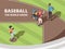 Baseball field. Sport team players playing on baseball stadium characters in action poses vector people