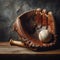 Baseball glove rests on wooden bench, next to distressed wall