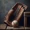 Baseball glove rests on wooden bench, next to distressed wall