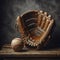 Baseball glove rests on wooden bench, next to distressed wall