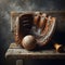 Baseball glove rests on wooden bench, next to distressed wall